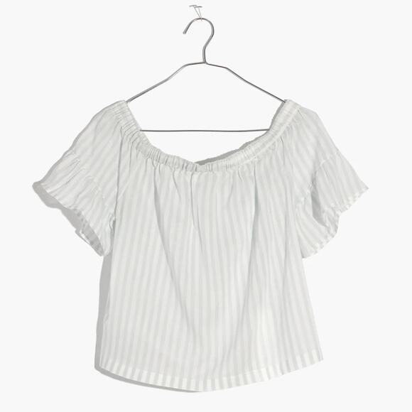 Madewell Striped Off-the-Shoulder Ruffle-Sleeve Top Sea Glass size Small - Picture 7 of 11